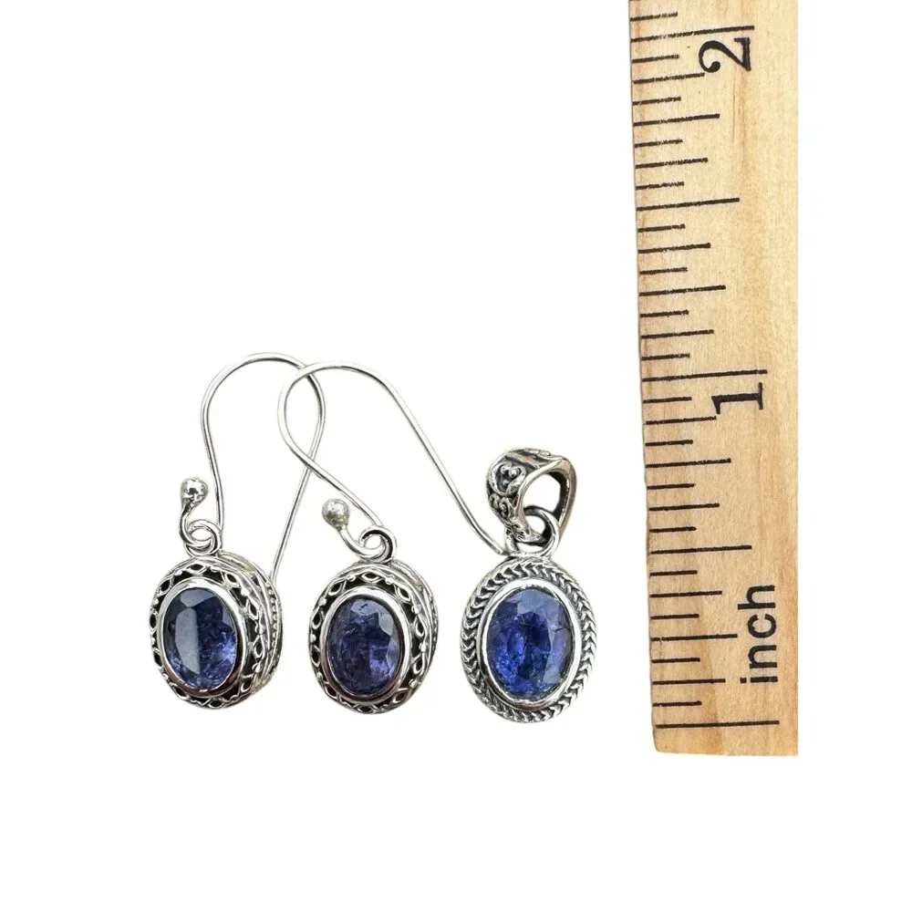 Tanzanite Solid 925 Sterling Silver Pendant Earrings Set